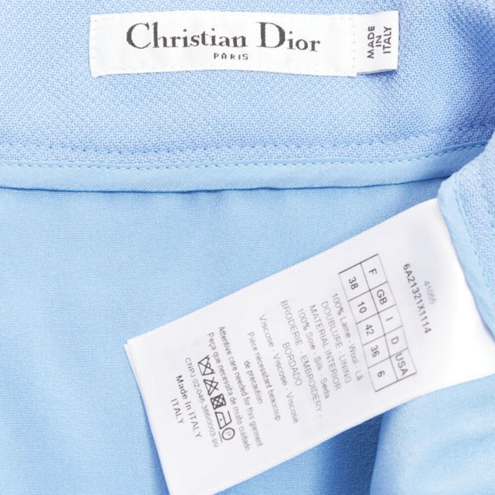 CHRISTIAN DIOR powder blue wool crepe floral cutout embroidered hem skirt FR38 M - Picture 8 of 9